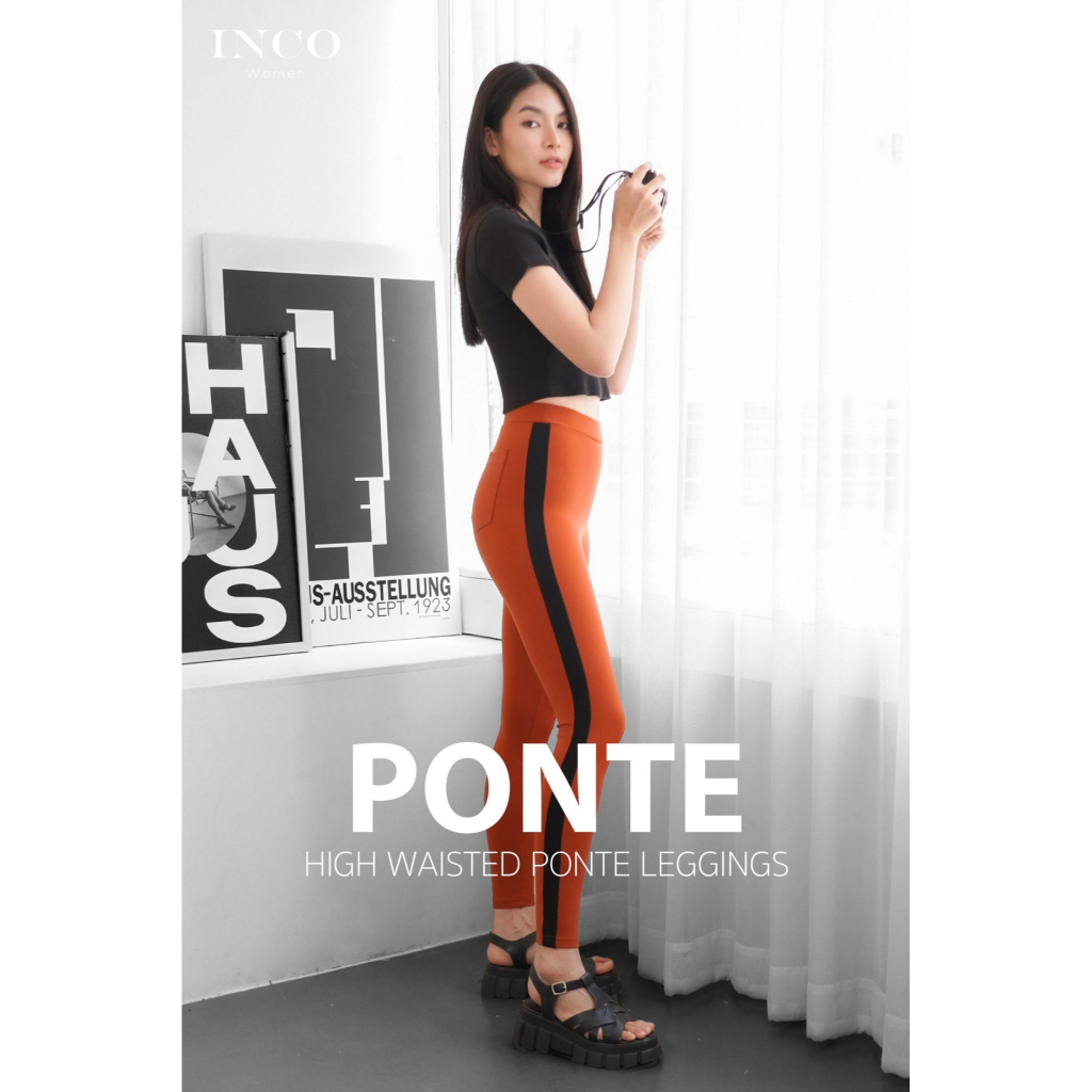 INCO Women เลกกิ้งแต่งแถบข้าง ผ้าPonte ยืดหยุ่น กระชับ และกลับคืนทรงได้ดี