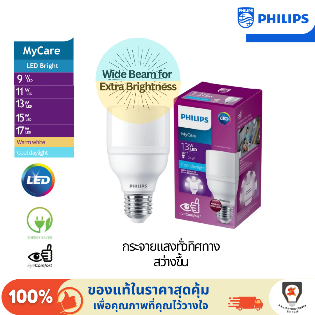 Philips กล่องม่วง หลอดไฟสว่างพิเศษ LED Bright MyCare ขั้ว E27 9W/11W/13W/15W/17W แสงเหลือง/แสงขาว