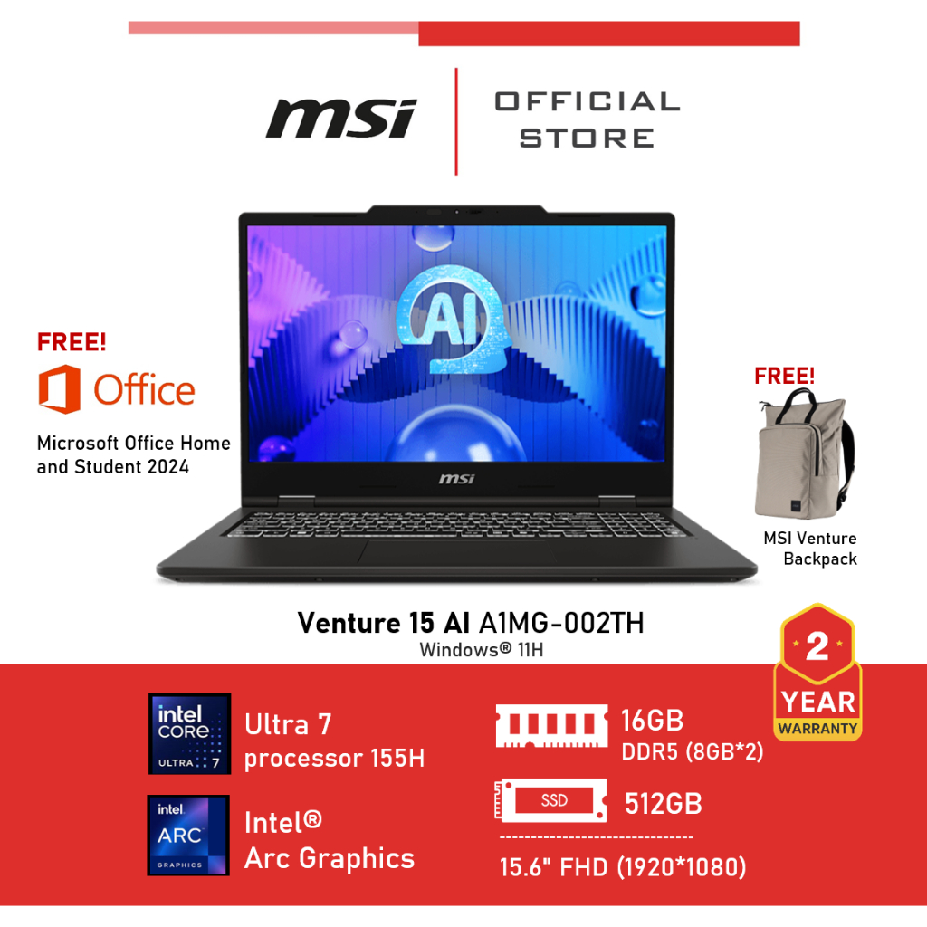 [Pre-Order] MSI Venture 15 AI A1MG-002TH (Intel® Arc Graphics, Ultra 7) โน๊ตบุ๊ค Laptop