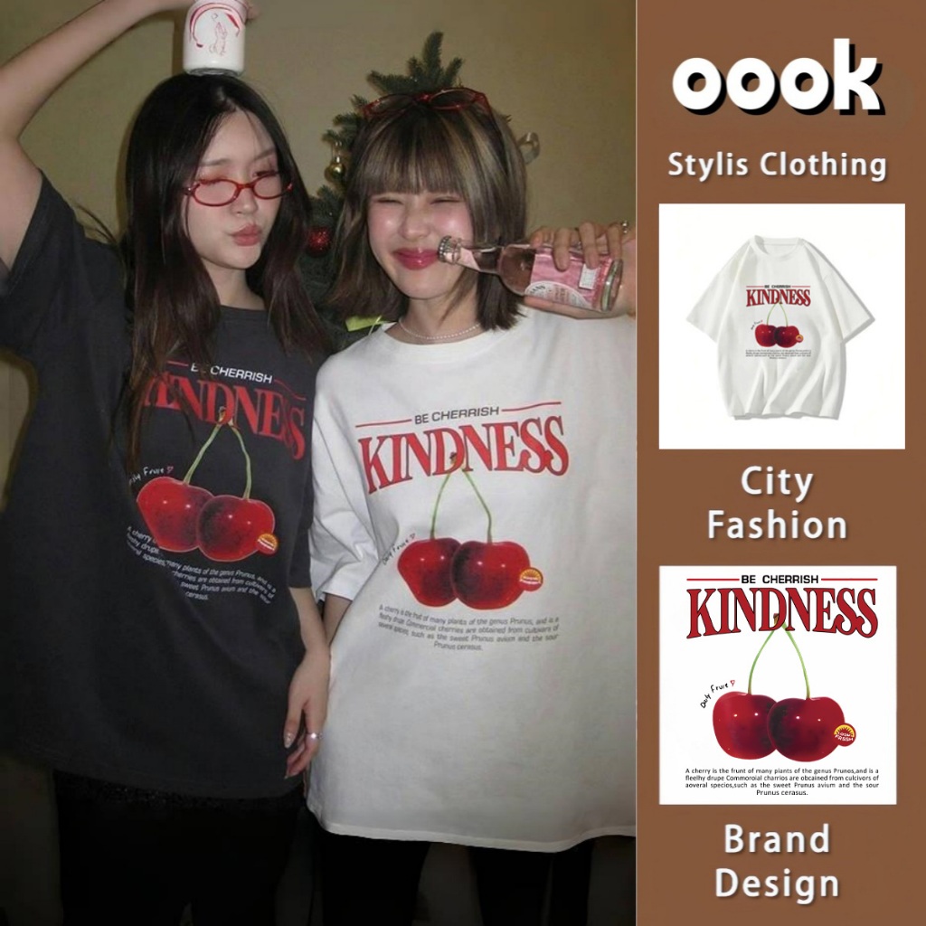 (จัดส่งตลอด 24 ชั่วโมง)OOOK Official แฟชั่นหวานเชอร์รี่ตัวอักษรพิมพ์เสื้อยืดผู้หญิงแขนสั้น เหมาะสำหรับผู้หญิง