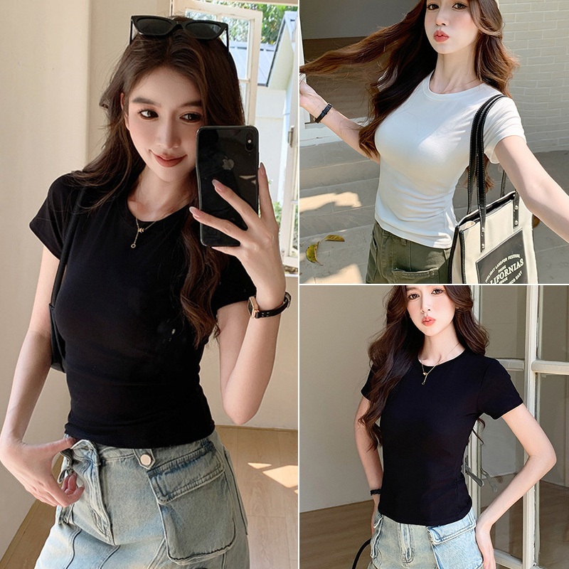 เสื้อยืดแขนสั้นผู้หญิง/เสื้อยืดคอกลม สีพื้น กาหลี สลิมฟิต ผ้านิ่มสวมใส่สบาย แมชต์ได้ทุกสไตล์（สีดำ/สีขาว）