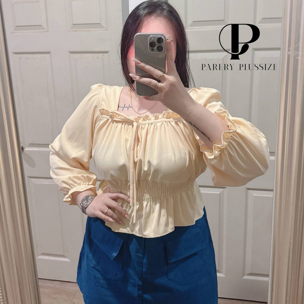 #ก27 Plus-size เสื้อคอเหลี่ยมแขนยาวจั้มเอวสีพื้น//อก:38-48นิ้ว