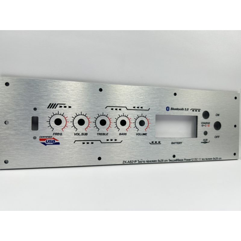 เพลทลำโพงบลูทูธZK-AS21P ไม่ย้าย วัสดุคอมโพสิต ช่องเพลท5x25cm.วัดแบตดิจิตอล สวิตซ์ 12มิล DC 11มิล ขนา