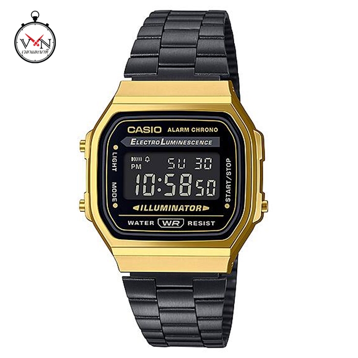 นาฬิกาคาสิโอ รุ่น A168WEGB-1B แบบดิจิตอล สายสแตนเลส สีดำทอง