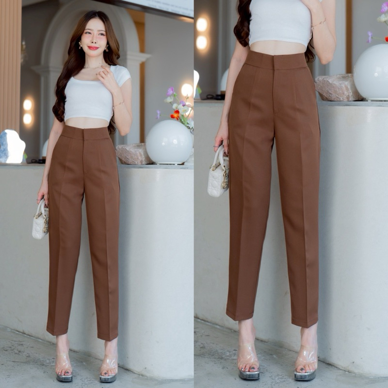 กางเกงทำงานทรงขากระบอกเล็กตะขอหน้าเอวสูง 9 ส่วน ผ้าไมโคร [ AC ] - 5