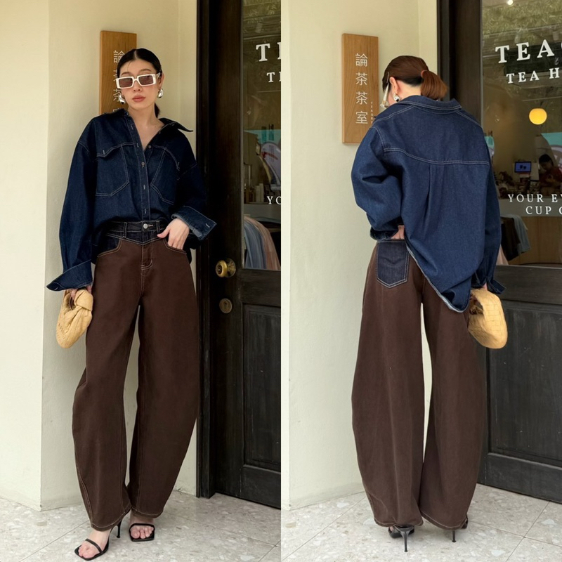 📌📌 พร้อมส่ง S M L XL 2XL Two Tones Barrel Jean #9997 x2 กางเกงขาโค้ง กางเกงยีนส์ ทรงสวย เอวสูง ขายาว