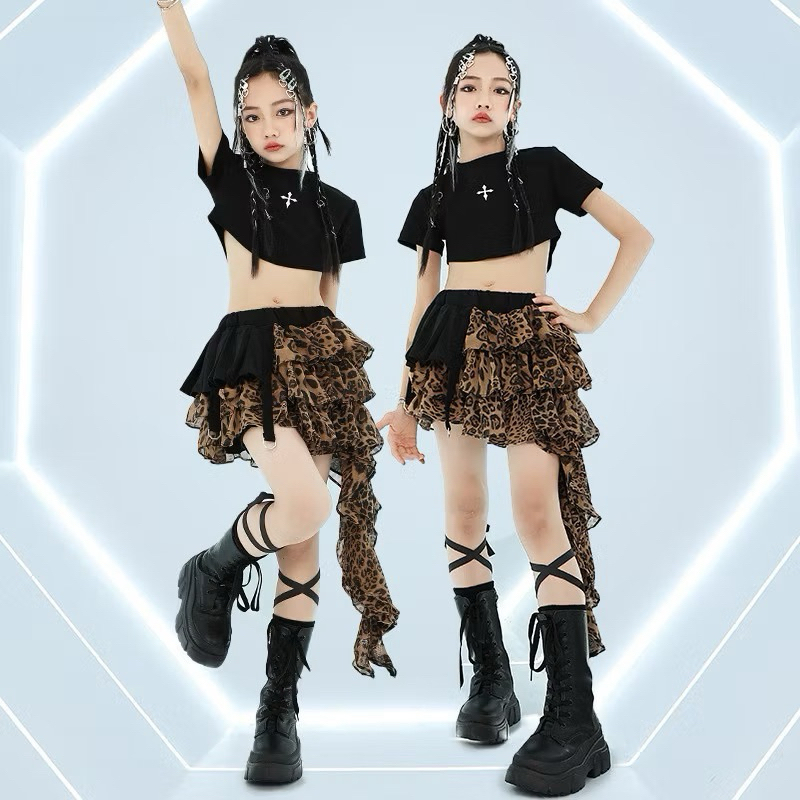 🔥พร้อมส่งในไทย🔥 ชุดนักเต้นฮิปฮอป / ชุดเต้นแจ๊สฮิปฮอป / ชุดฮิปปี้เด็ก กระโปรงแมงกระพรุน กระโปรงลายเสือ - รูปที่ 4