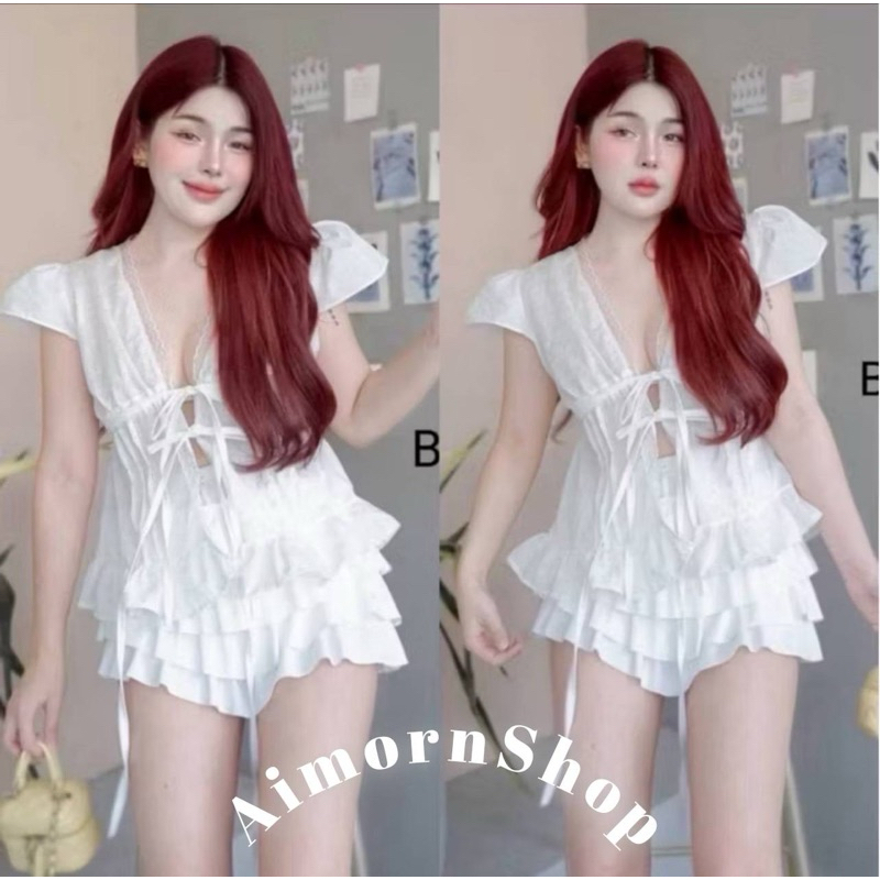 🔥aimorn_shop🔥เสื้อฉลุ ผูกโบว์ผ่าหน้า เซ็กซี่มาก ต้อนรับซัมเมอร์ งานผ้าคอตตอน งานสวย ใส่สบายมาก