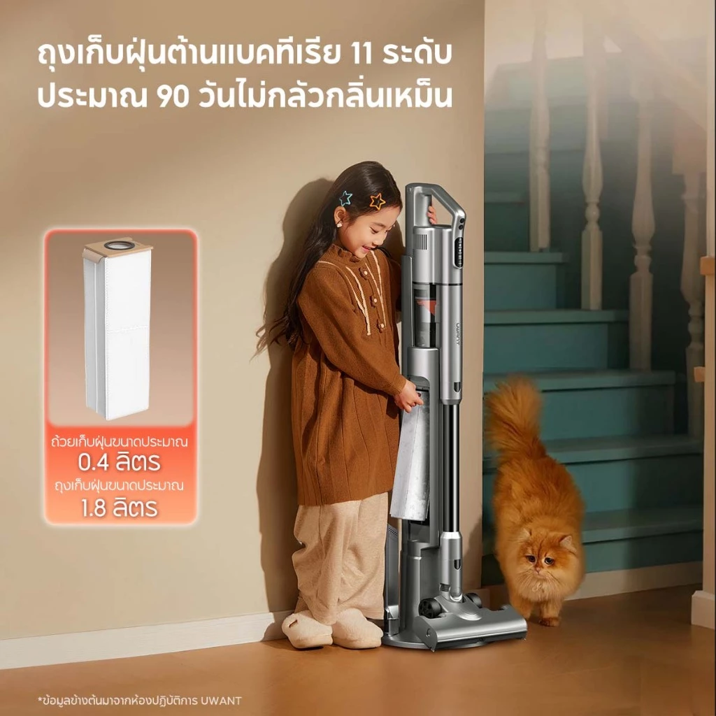 【UWANT】V500 เครื่องดูดฝุ่นไร้สาย 25KPa แรงดูดสูง รับประกัน 2 ปี แท่นชาร์จเก็บฝุ่นอัตโนมัติ ไฟเขียวส่องฝุ่น thumbnail 8