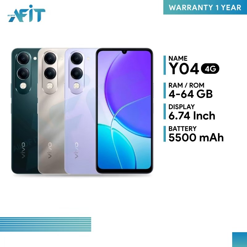 Vivo Y04 (4/64GB) (4/128GB) หน้าจอ 6.7 นิ้ว แบตเตอรี่ 5500 mAh Android14 กล้องหลัง 13MP ประกันศูนย์