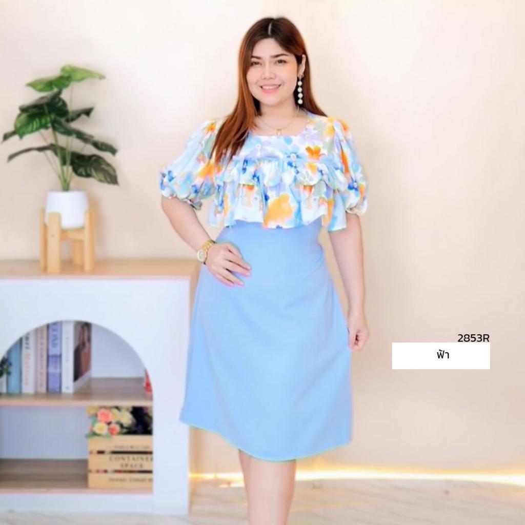 2853R เดรสผ้าบาบี้เเต่งระบายอกเเขนตุ๊กตาลายดอกไม้จิ๋ว