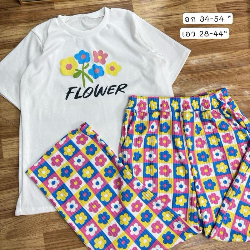 F39 ชุดเซ็ท flower เสื้อกับกางเกงดอกตาราง น่ารักสดใส “สาวอวบ