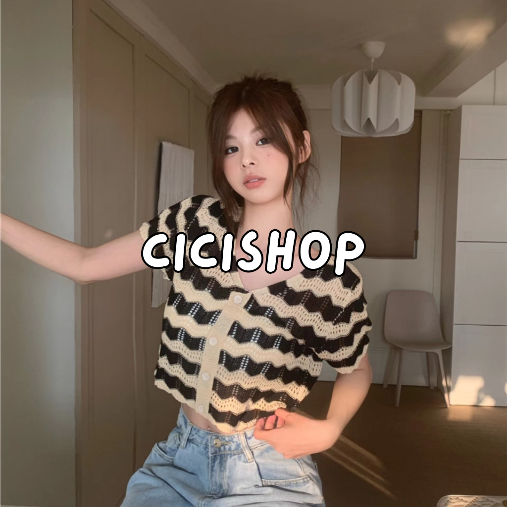 Cicishop(85127)เสื้อไหมพรมลายทางรูปคลื่น สวยมาก กอไก่ล้านตัวไปเลย