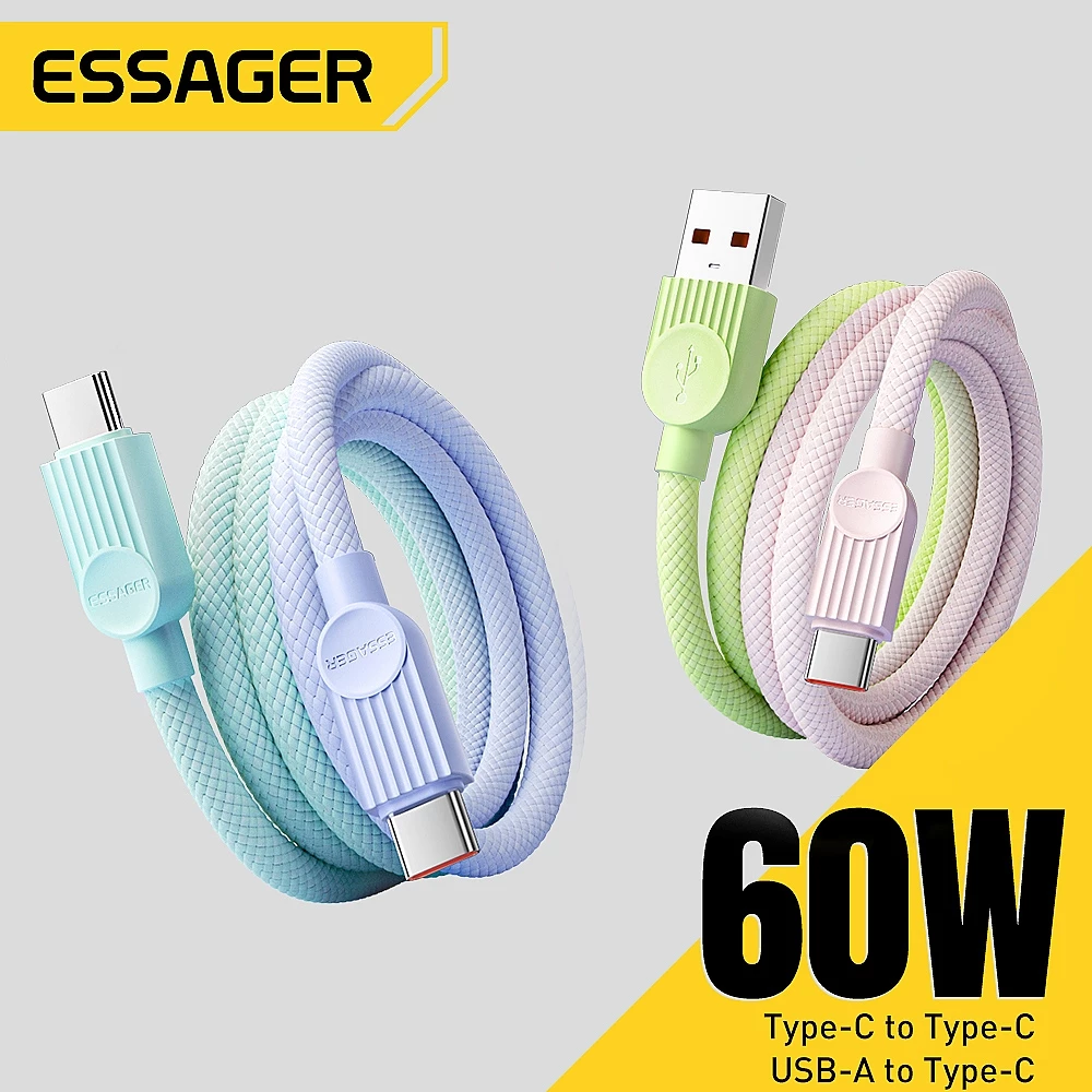 ESSAGER สายชาร์จ USB ถึง USB C ถึง Type C To L ชาร์จเร็ว 100W/60W/29W สำหรับโทรศัพท์ สาย USB2.0 480Mbps