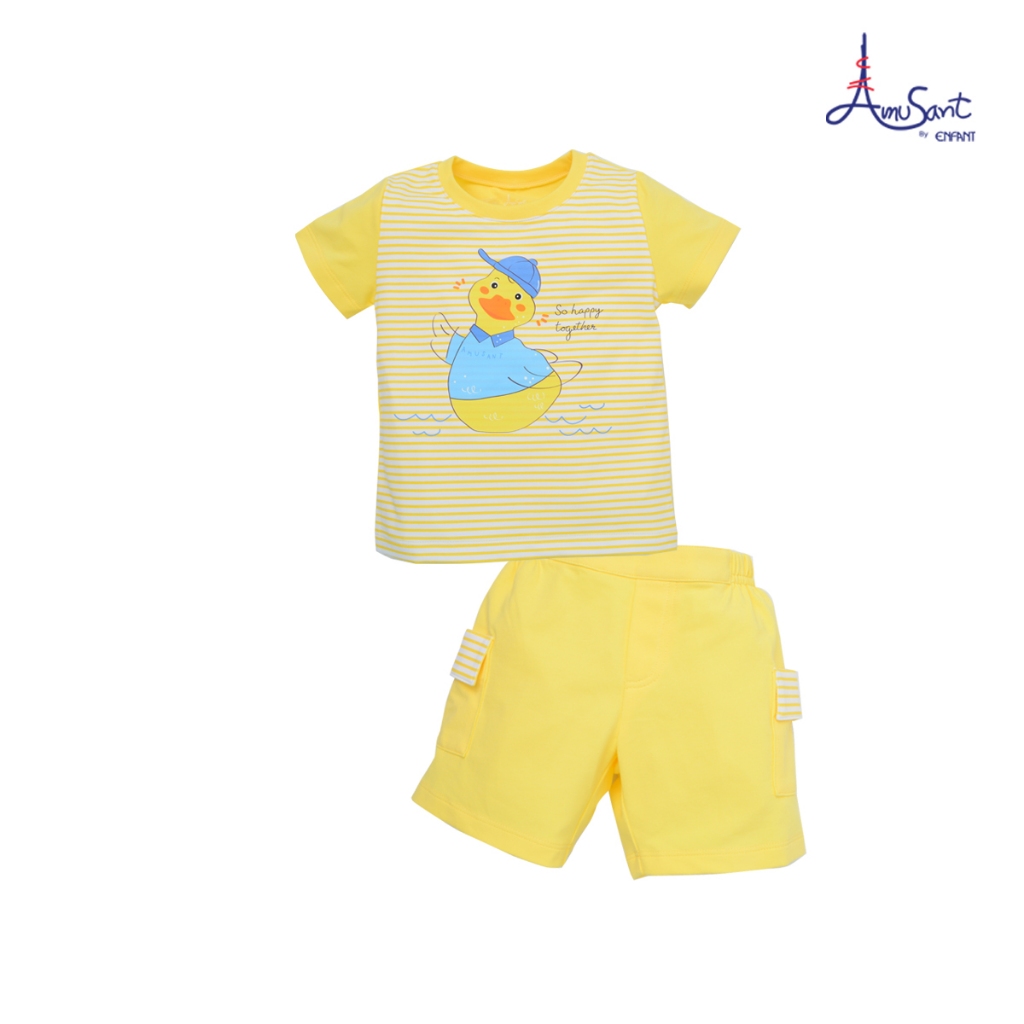 Amusantชุดเสื้อยืดคอกลม-กางเกง  ลายบล็อคไม้ตัวต่อสีแดง เด็กโต6เดือน-8ขวบ