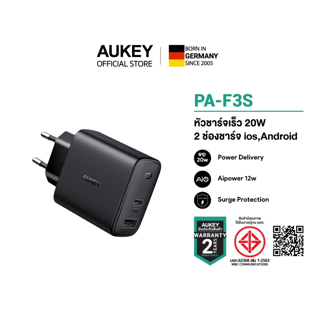 AUKEY PA-F3S หัวชาร์จเร็ว 32W Power Delivery Adapter AiPower รองรับ iPhone/iPad/Android/Samsung