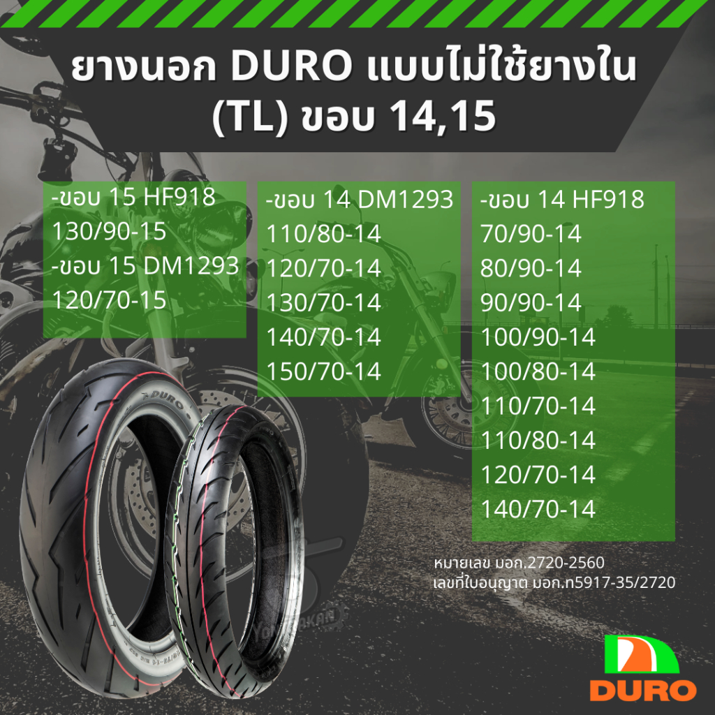 ยางนอก DURO ขอบ 14, ขอบ 15 แบบไม่ใช้ยางใน (TL)