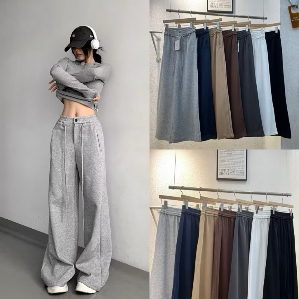 Gang_jeans#9275(K)กางเกงวอร์มขายาวทรงกระบอก เชือก+กระดุมหน้า เอวยางยืด ผู้หญิง พร้อมส่ง