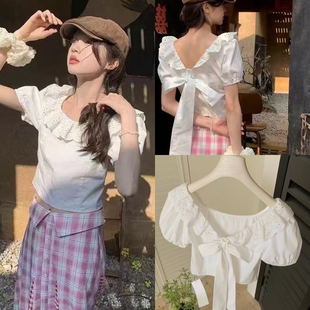 🧡🧵 🇰🇷 Y9087 เสื้อแขนสั้น คอกว้าง แต่งผ้าฉลุน่ารักมากๆแฟชั่นเกาหลี TAG KOREA 🧵🧡