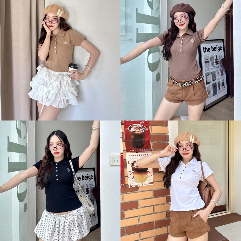 maymuseเสื้อเชิ้ตโปโลแขนสั้นผ้ายืดปักอกป้ายCookies Bear