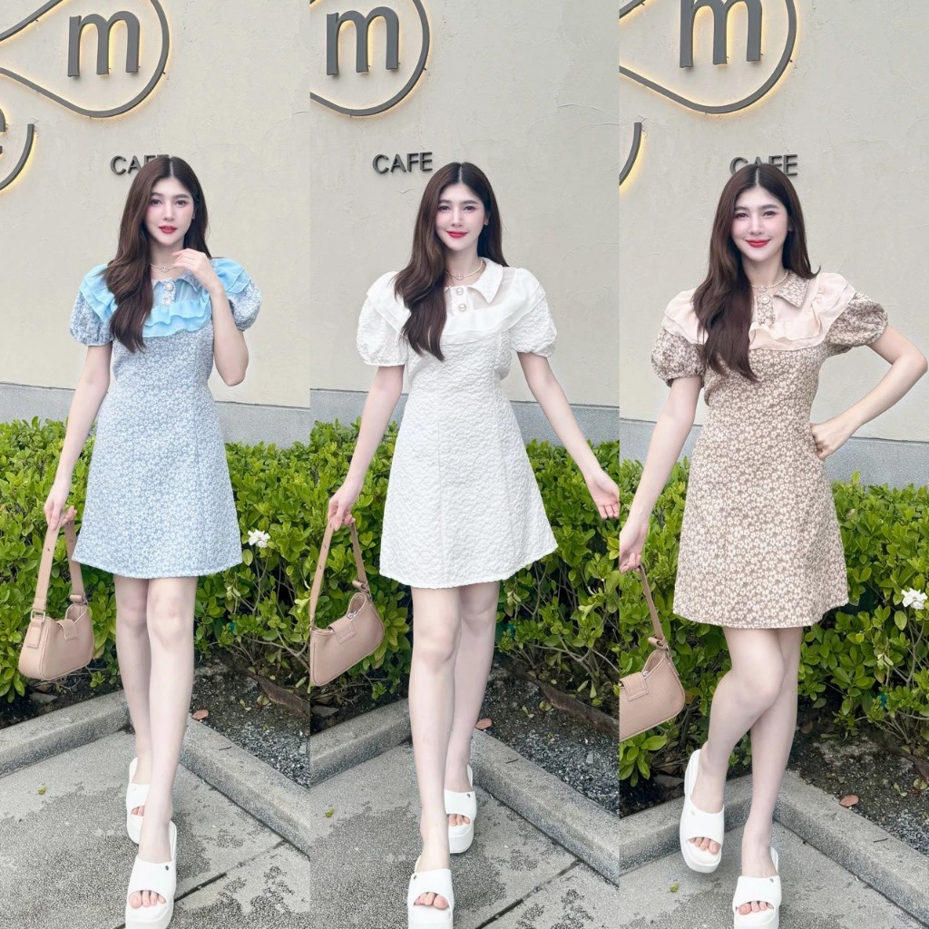 สินค้าพร้อมส่ง เดรสผ้าลัคชู ใส่ออกงาน งานบุญ งานบวช แขนตุ๊กตา คอปก กระดุมมุกแต่งระบายอกผ้าซีฟองพร้อมสายผูกเอว A1969