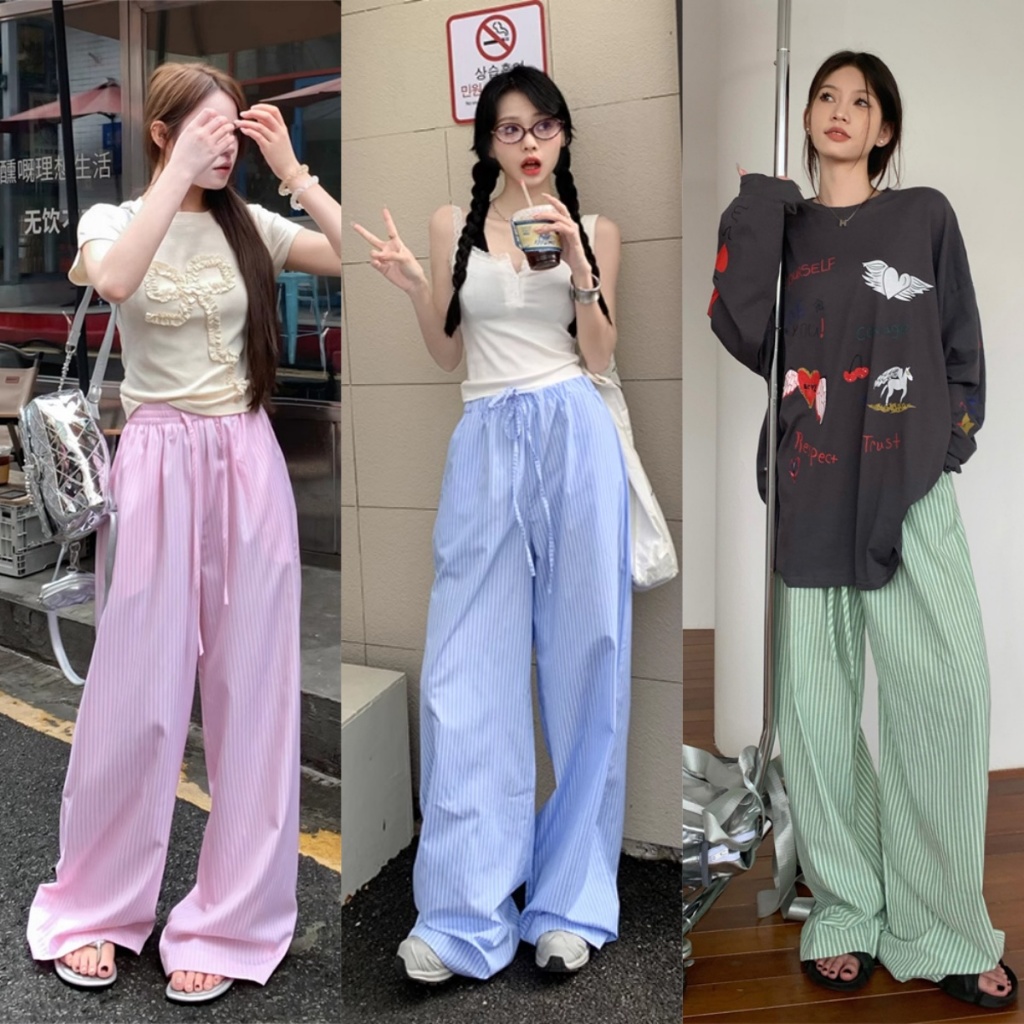 กางเกงขากว้างเกาหลี กางเกงลายทาง ทรงหลวม ทันสมัย ​​ใส่ได้หลากหลายสี