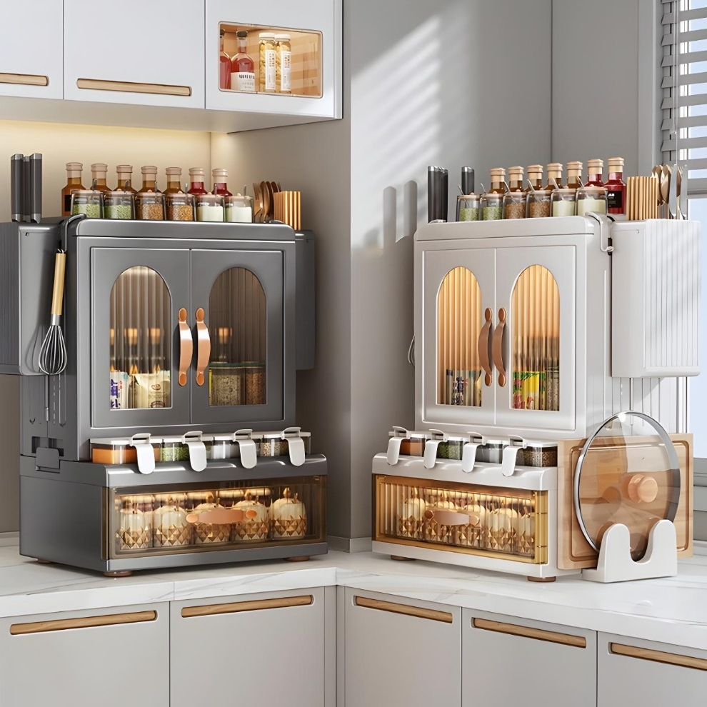 Ubear ตู้เก็บของครัวพับได้ with ตะแกรงมีด ปรับปรุงใหม่ ลิ้นชักใสช่องเก็บเครื่องปรุง ชั้นวางเครื่องปร