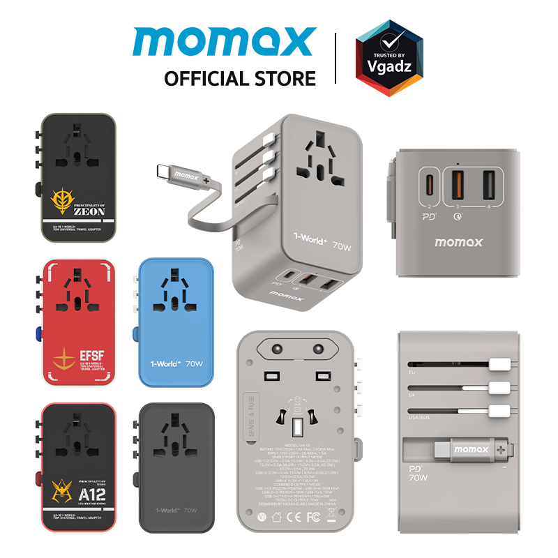 Momax - หัวชาร์จ+หัวแปลงปลั๊กไฟ รุ่น 1-World Travel Adapter 3-Port กำลังไฟ 70W ชาร์จไว GaN พร้อมสาย USB-C ในตัว
