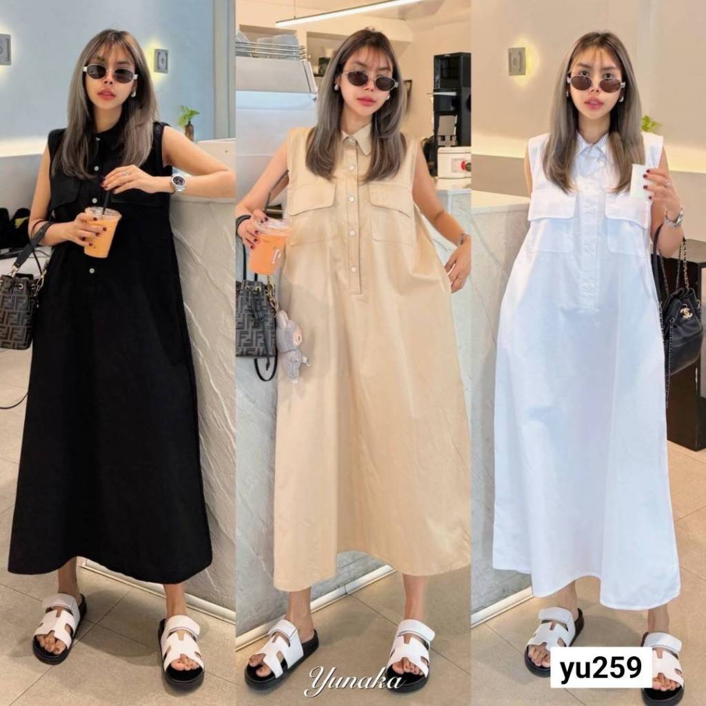 เดรสยาวแขนกุดทรงเอ ช่วงบนเป็นแบบเชิ้ตแต่งปกและกระดุม ( ใช้งานได้จิง ) yunaka