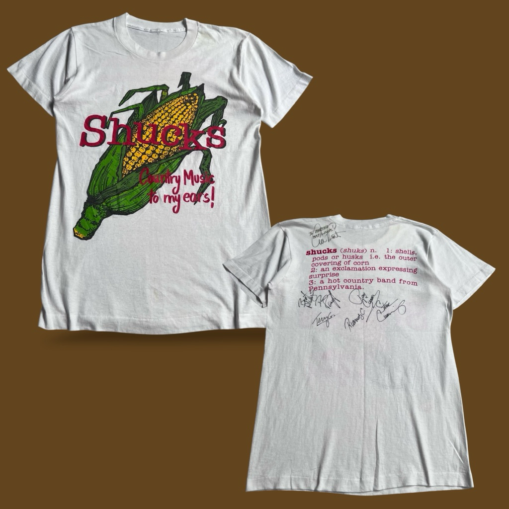เสื้อยืดวงวินเทจยุค 80s วงแนวคันทรีนอกกระแส วง SHUCKS พร้อมลายเซ็น
