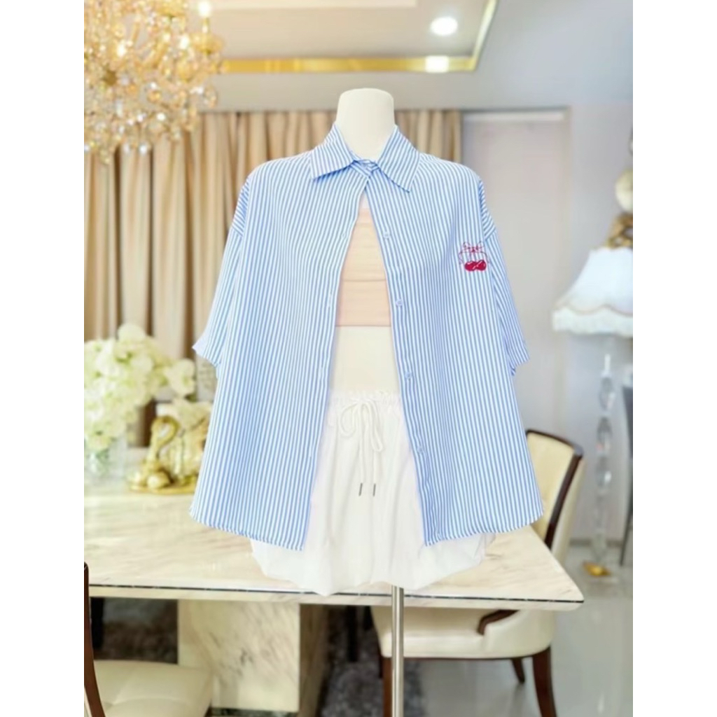 Z04.เสื้อเชิ้ต โอเวอร์ลายทางรุ่นปักเชอรี่ อก48“ - รูปที่ 4