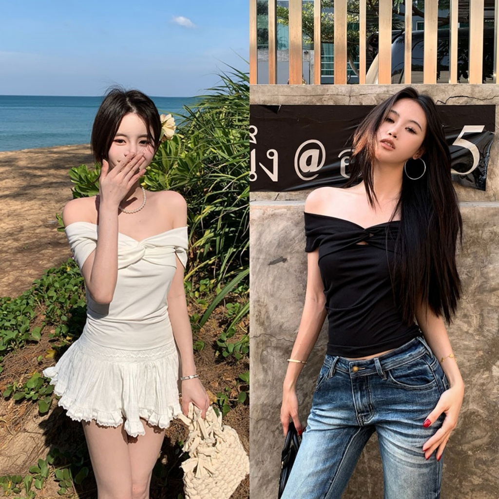 🌵Grace_chili🌵  เสื้อยืดปาดไหล่ผู้หญิง เสื้อ ยืดพอดีตัว เสื้อเปิดไหล่ แขนสั้น เซ็กซี่และเก๋ไก๋2699