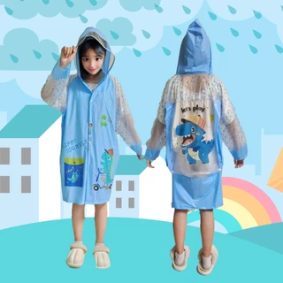 PINKเสื้อกันฝนเด็กเล็ก-เด็กโต เสื้อกันฝนมีที่คลุมกระเป๋าหลัง เสื้อกันฝนตัวยาวลายการ์ตูนน่ารัก