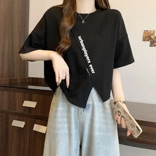 เสื้อครอปคนอ้วนไซส์ใหญ่ oversize เสื้อผ้าสาวอวบคนอ้วนน่ารัก เสื้อยืดสวยๆผู้หญิงแขนสั้นแบบหลวมสไตล์เกาหลี สกรีนลายวินเทจ