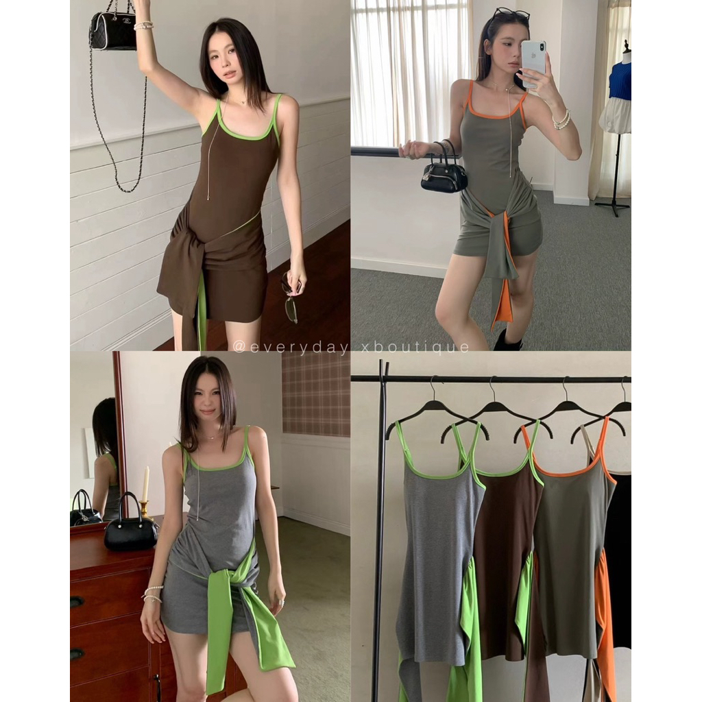 𝗖𝗢𝗟𝗢𝗥 𝗧𝗥𝗜𝗠 𝗕𝗢𝗗𝗬𝗖𝗢𝗡 𝗗𝗥𝗘𝗦𝗦🧩🩶🤎🍕(430฿) เดรสสายเดี่ยวสุดชิค ทรงสวยเข้ารูป ดีไซน์เกร๋ตัดขอบสีเพิ่มลูกเล่นให้ดูโดดเด่น onseason