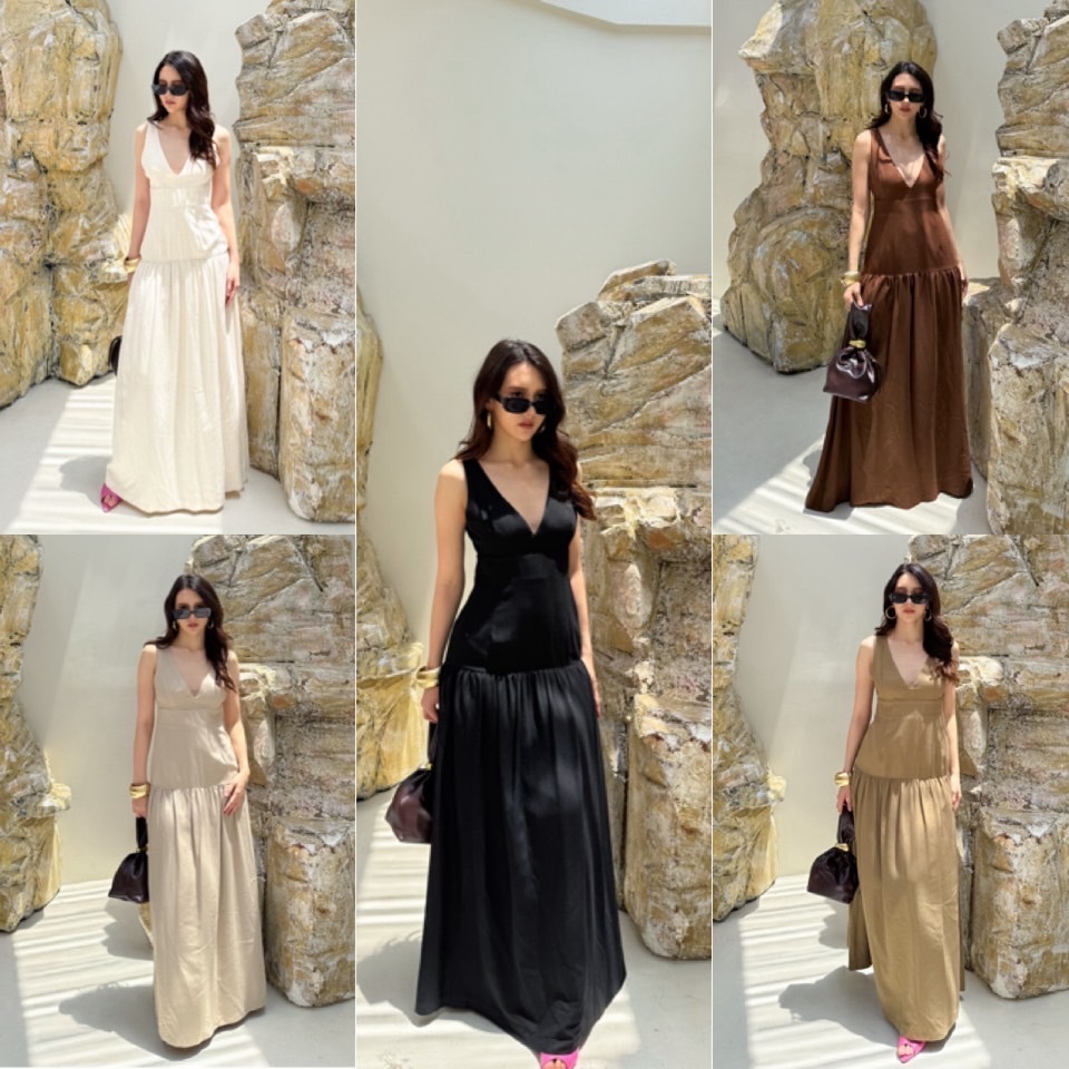 🔖ELF เดรสยาว คอวีหน้า-หลัง ใส่แล้วดูคอยาวผอม ช่วงกระโปรงจับจับรอบ เนื้อผ้านิ่ม ใส่สบาย มีซับใน