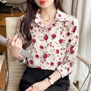 เสื้อเชิ้ตผู้หญิงพิมพ์ลายเสื้อเชิ้ตแขนยาวคอปกผ้าชีฟองลายดอกไ…