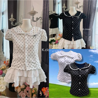 (มีถึงอก40 กด Size2 )เสื้อคอบัวลายจุด เสื้อคอบัว Polka Dot เสื้อคอบัวลายสก็อต💗เสื้อคอบัวสาวอวบ เสื้อผ้าผู้หญิง