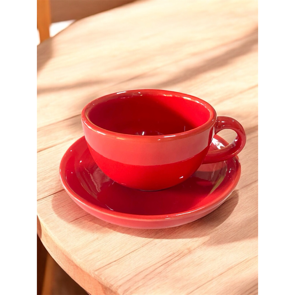แก้วกาแฟเซรามิค พร้อมจานรอง สีแดงเงา ขนาด 5 ออนซ์ เกรดเอ งานสวย