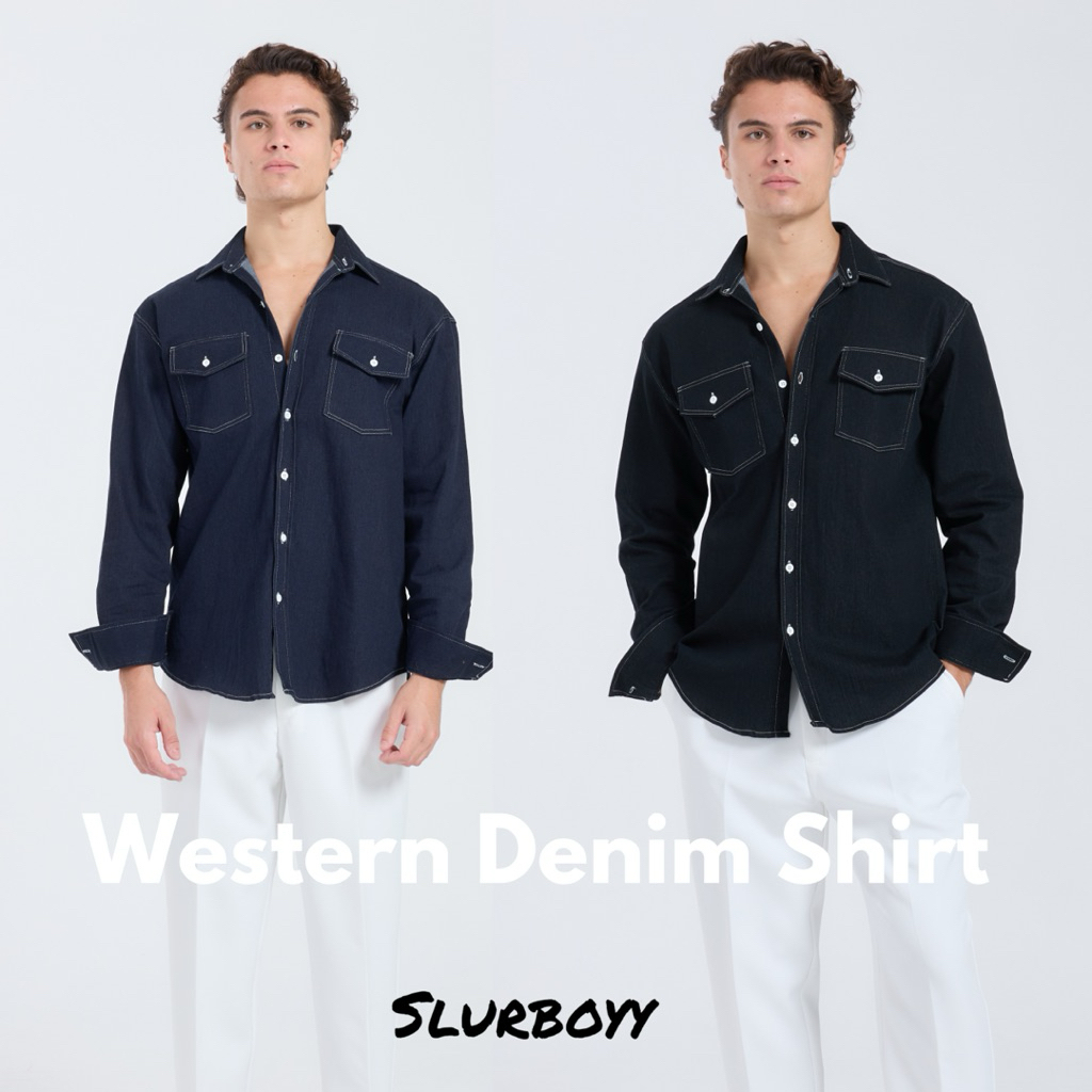 (ส่งด่วน กทม 4 ชม.) SLURBOYY Western Denim Shirt เสื้อเชิ้ตยีนส์แขนยาว ผ้ายืด (SB0836)