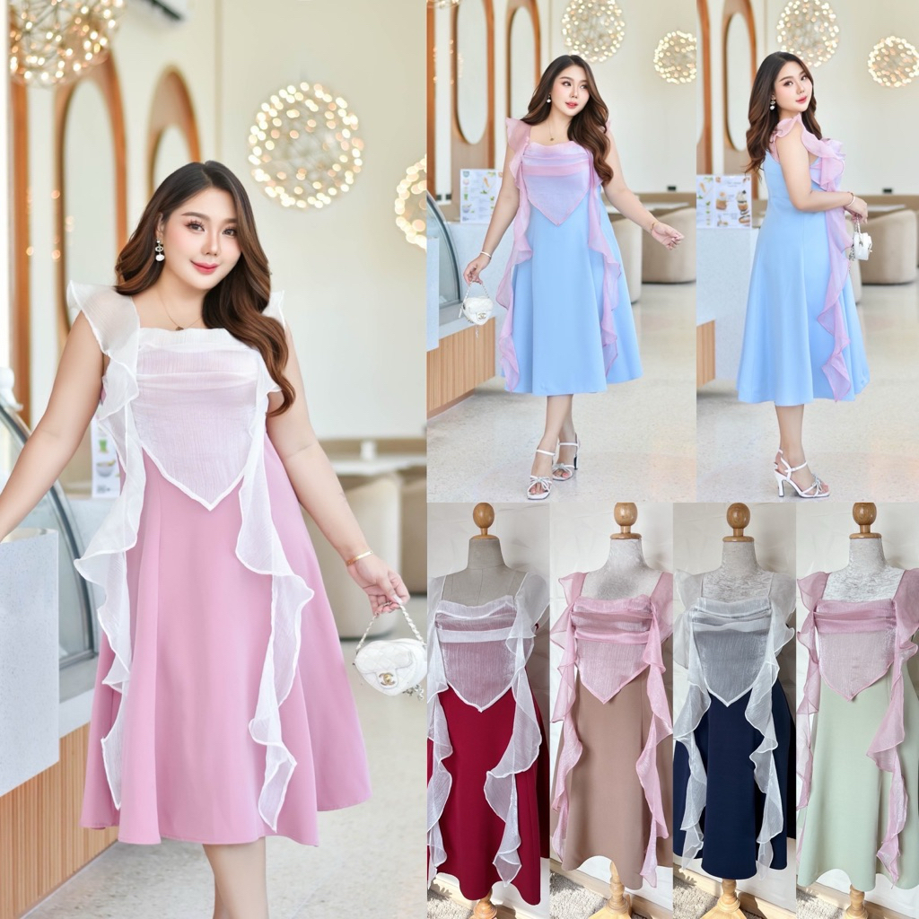 /LN/ เดรสสาวอวบ มีไซส์อก40-50 สไตล์สาวเวียด แต่งระบายยาวผ้าออร์แกนดี้ เล่นสีทูโทน ใส่ออกงานได้ค่ะ #พลัสไซส์