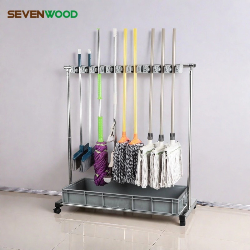 SEVENWOOD ชั้นวางไม้ถูพื้นสแตนเล ชั้นวางไม้ถูพื้นแบบเคลื่อนย้ายได้ ที่แขวนไม้กวาดชั้นเก็บของอุปกรณ์ทำความสะอาดจัดเก็บของ
