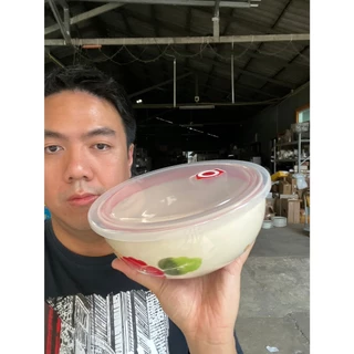 ชามเซรามิกพร้อมฝาปิดสูญญากาศ ชามทรงกลม ชามตราไก่ ขนาด8นิ้ว ลายไก่ชบาแดง เนื้อสโตนแวร์ stoneware งานของลำปาง ออกใบกำกับภา