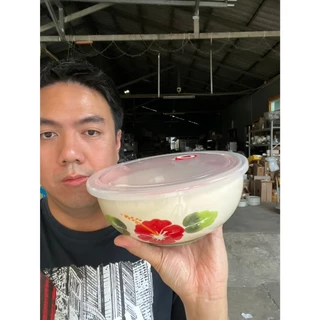 ชามเซรามิกพร้อมฝาปิดสูญญากาศ ชามทรงกลม ชามตราไก่ ขนาด8นิ้ว ลายไก่ชบาแดง เนื้อสโตนแวร์ stoneware งานของลำปาง ออกใบกำกับภา