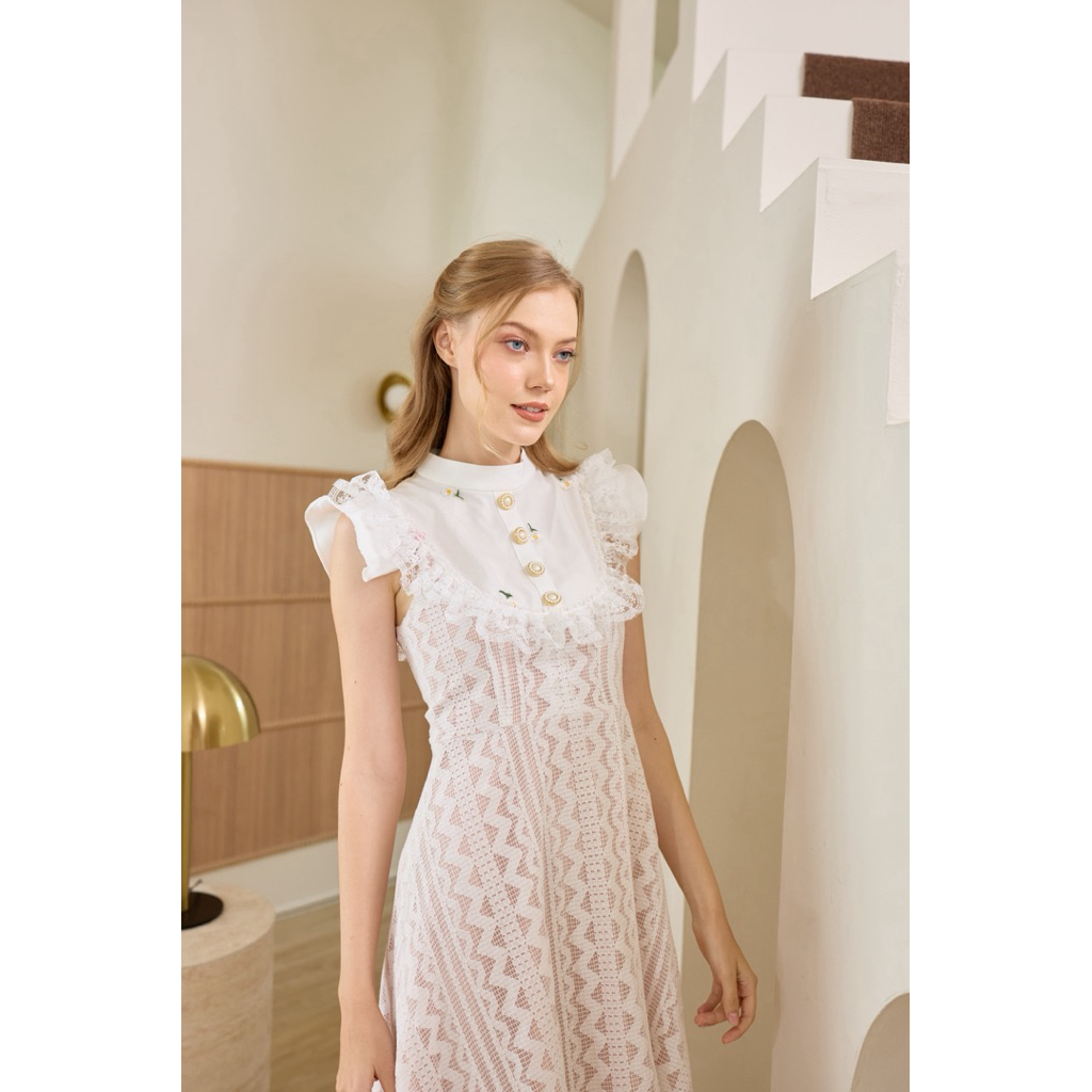 ROSSARIN - Rosalina Midi Dress เดรสลูกไม้ขาว