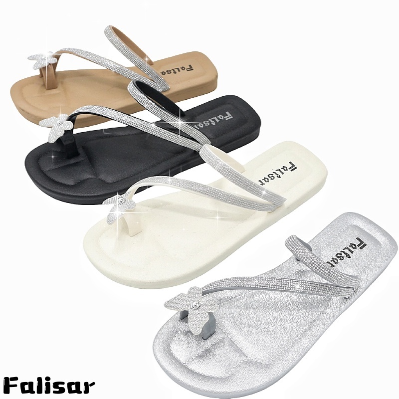 Falisar รองเท้าแตะผู้หญิง แฟชั่น รองเท้าแตะพื้นเตี้ยสายเพรชไขว้แต่งอะไหล่ผีเสื้อ 6626-1