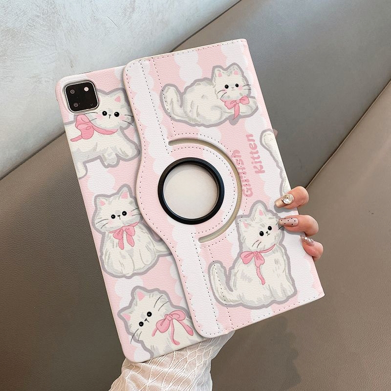 🌻24 ชั่วโมง🌻เคสป้องกัน iPad Air7 gen12 แมวขาวมีโบว์ gen8/9 หมุนได้ 360° เหมาะสำหรับรุ่น Air8 gen11