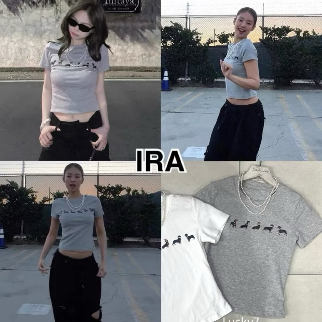 BY IRA 🐶พร้อมส่ง🐶 01051 คอกลมเสื้อสวมหัวเสื้อยืดผู้หญิงผ้าฝ้ายลูกสุนัขปักบางอเมริกันสาวร้อนเสื้อยืด
