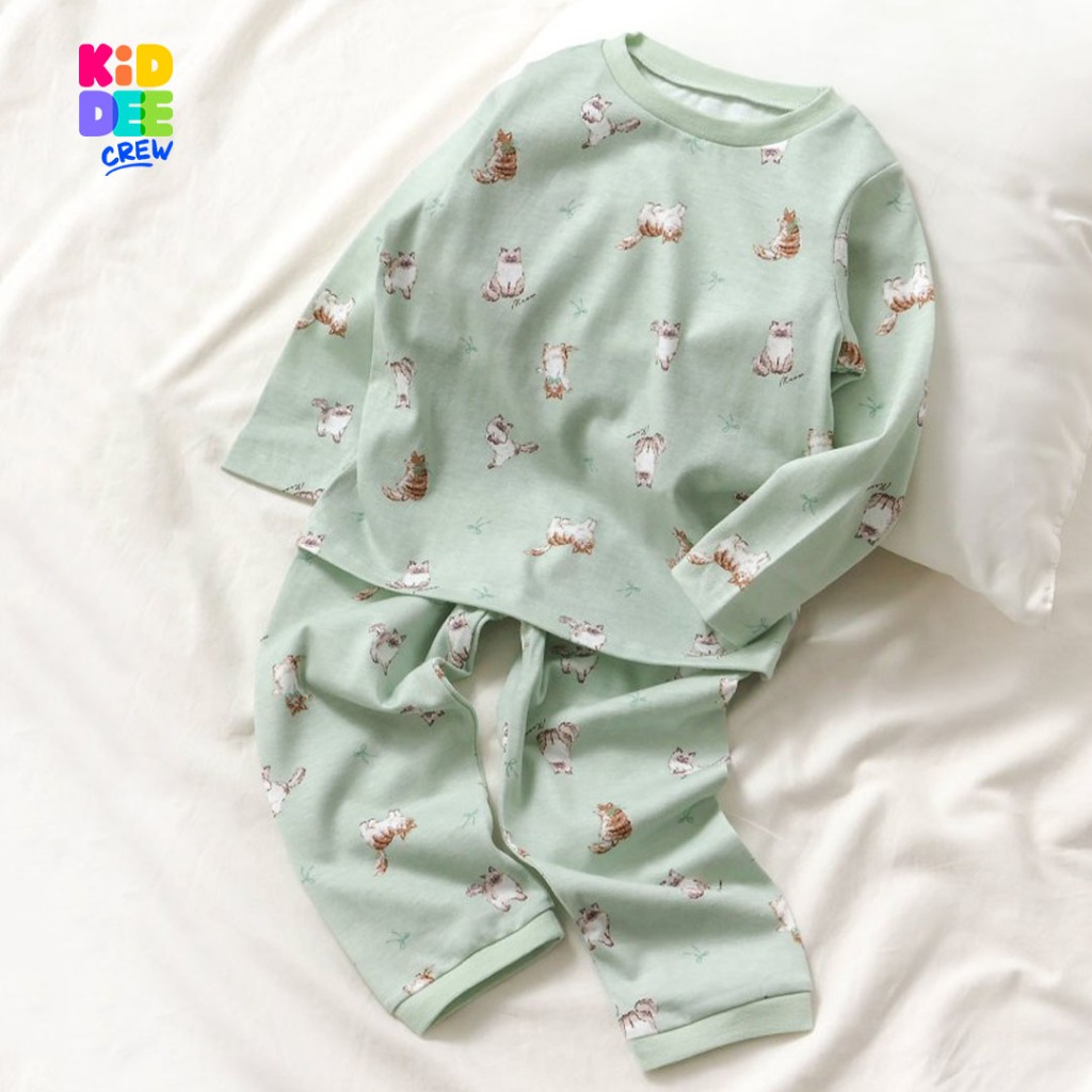 KiddeeCrew ชุดนอนเด็ก เขียวแมวญีปุ่น ผ้าฝ้าย 100% เหมาะสำหรับอายุ 1-14 ปี