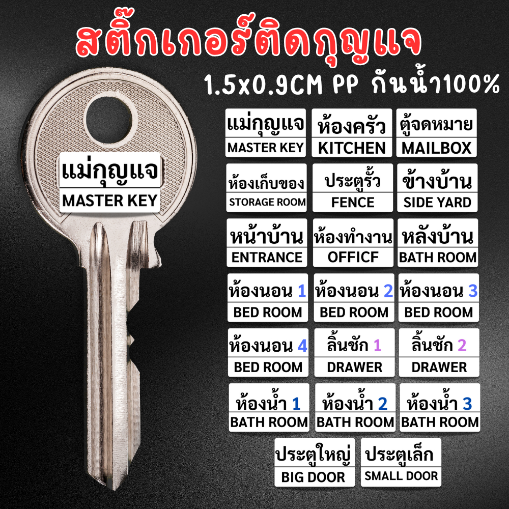 [ซื้อ10แถม 1]สติกเกอร์ติดกุญแจ สติ๊กเกอร์กันน้ำ PP  ติดพวงกุญแจ หน้าต่าง ลูกกุญแจรถ บ้าน ประตู แยกประเภท แก้ไขข้อความ